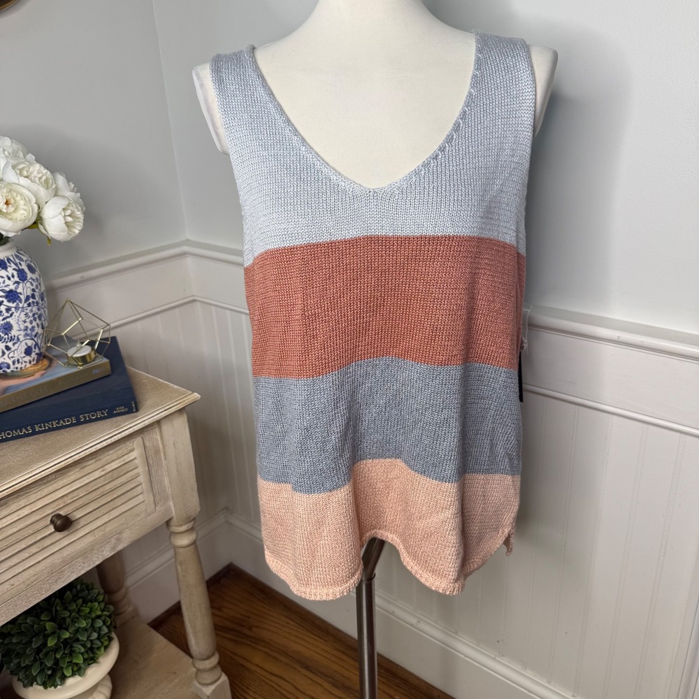 Tribal Jeans Womens Colorblock Knit Cami Sweater Misty Clay V-Neck Large 73910